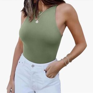 Reoria Sleeveless Olive Green Women's Highneck Double Lined Thong Bodysuit